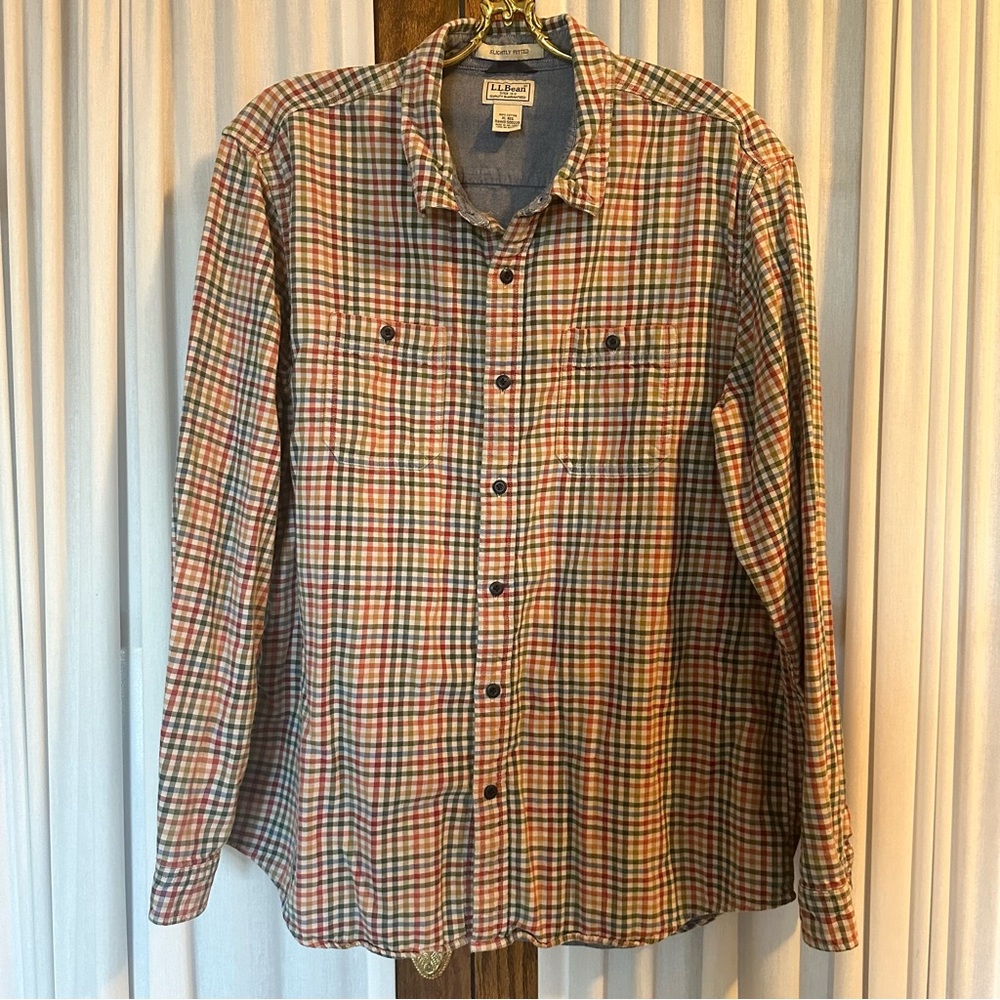 L.L. Bean Plaid Cotton Chambray Lined Button Down Shirt